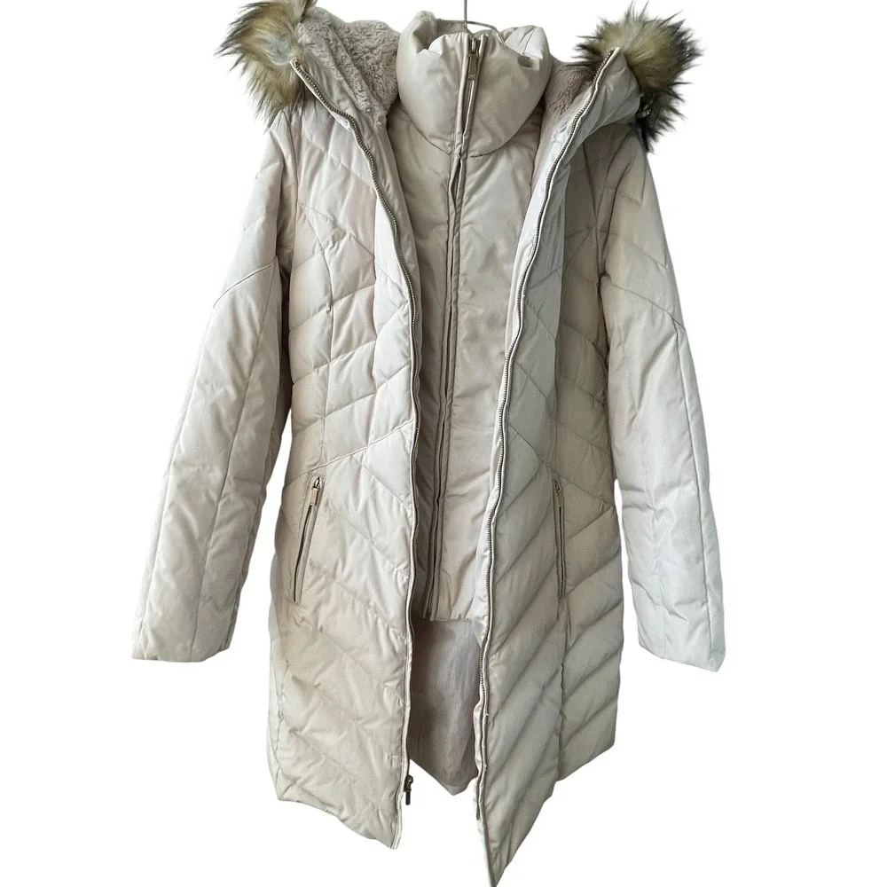Jones New York Women's Cream Quilted‎ Faux Fur Hood Puffer Coat Size S